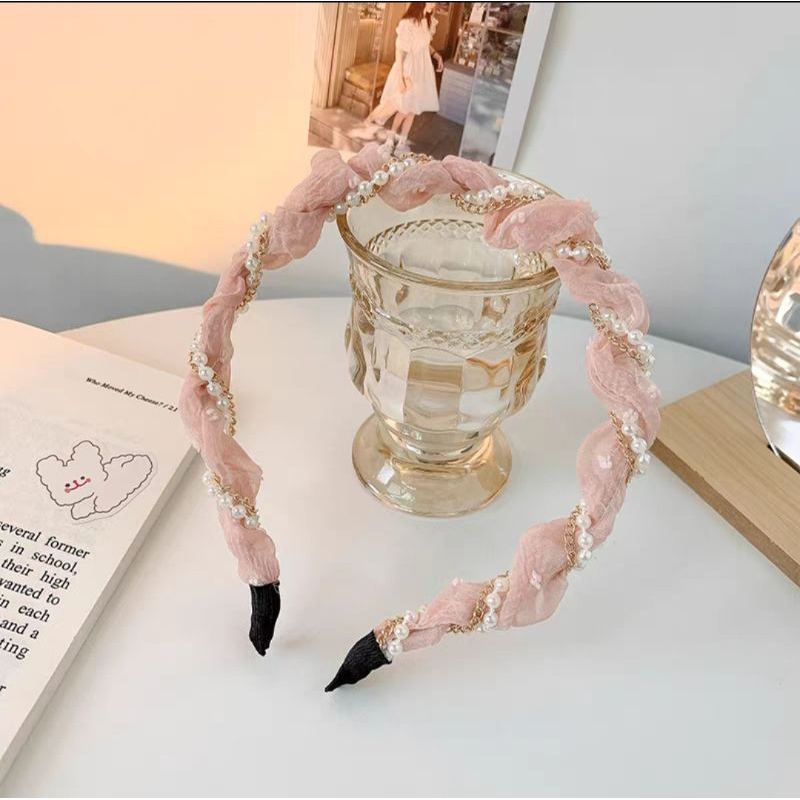 Bando Scrunchie Lilit Rantai Mutiara Bahan Sifon 2cm Korean Chiffon Pearl Headband Aksesoris Rambut Wanita Bando Korea Mutiara