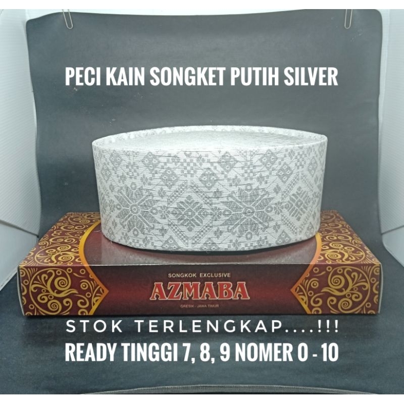 PECI SONGKOK KOPYAH PUTIH SILVER MOTIF TENUN SONGKET DEWASA DAN ANAK ready tinggi 7, 8, 9 nomer 0-10
