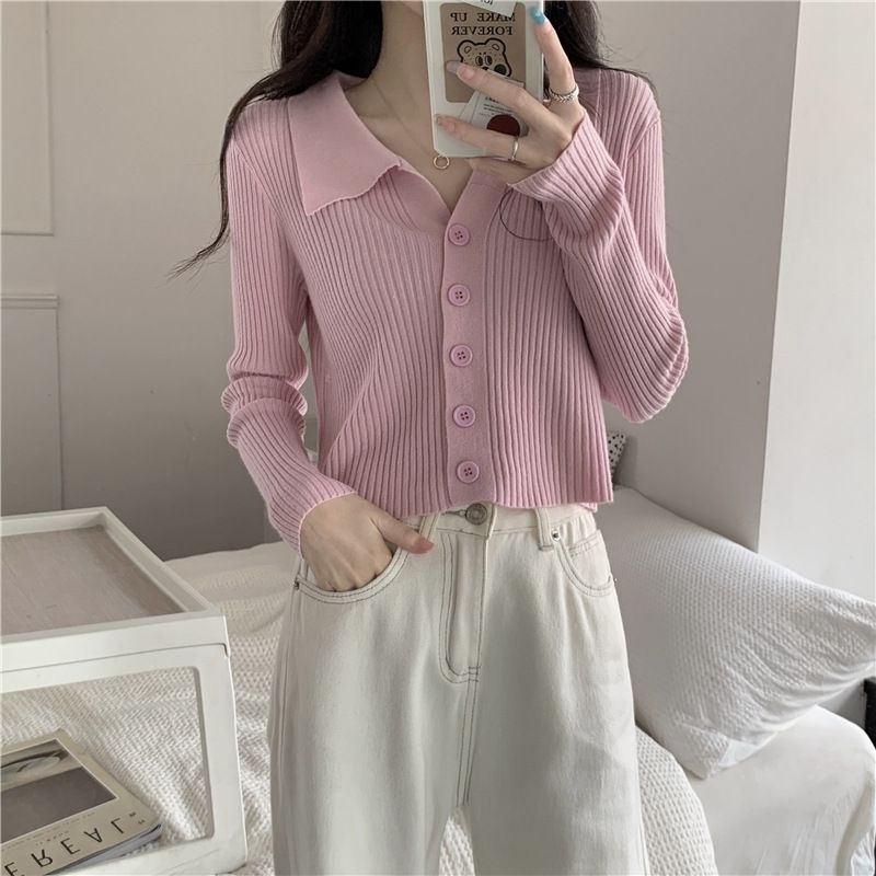 Atasan Rajut Wanita Import Poloshirt Knitwear Fashion Korean Crop Long Sleeve Knit Top Atasan Crop Atasan Korean Style Wanita