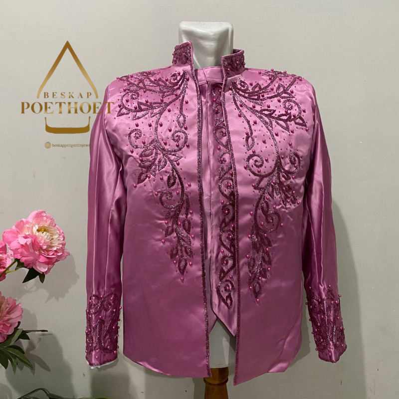 Jas Basofi pengantin Sunda dusty pink simple Payet set peci dan celana