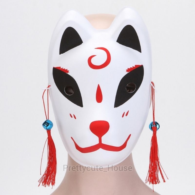 Topeng Anime Anbu full face dengan lonceng / Anime Fox Mask with Tassels Bells Japan Anime Cosplay Full Face Masks Party Masquerade Costume Halloween Mask