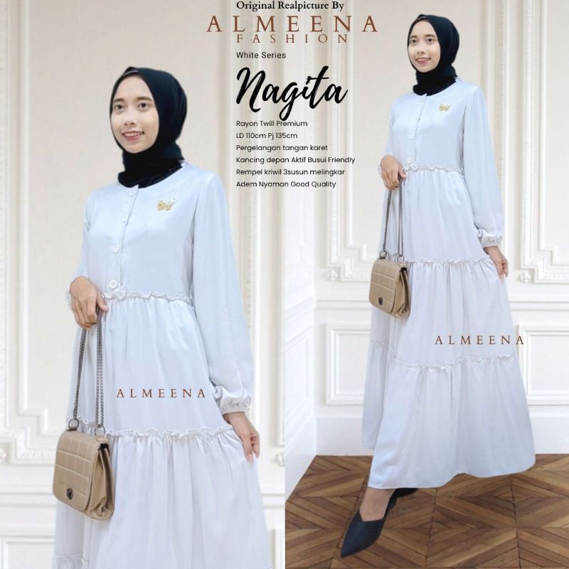 NAGITA MAXY Gamis PUTIH Rayon Twill Premium Adem Nyaman by ALMEENA Fashion