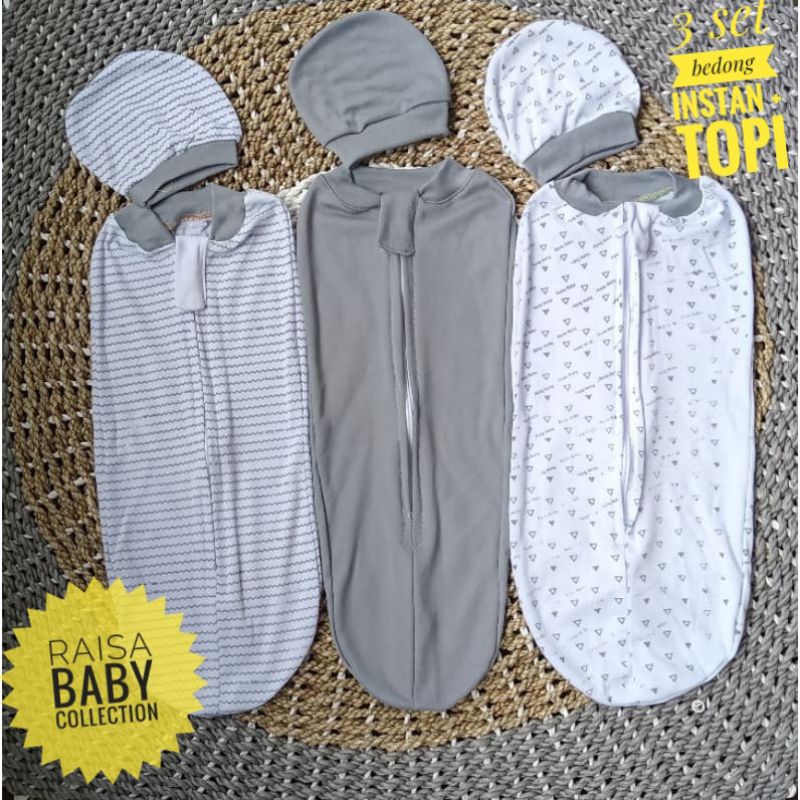 Raisa*3pcs bedong instan ziper karakter seri abu +topi