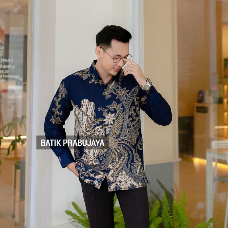 SELING NAVY Kemeja Batik Pria Lengan Panjang Modern Premium Jumbo Slim fit - Baju Batik Pria Cowok Kondangan Pesta Seragam Sragam Kerja Kantor