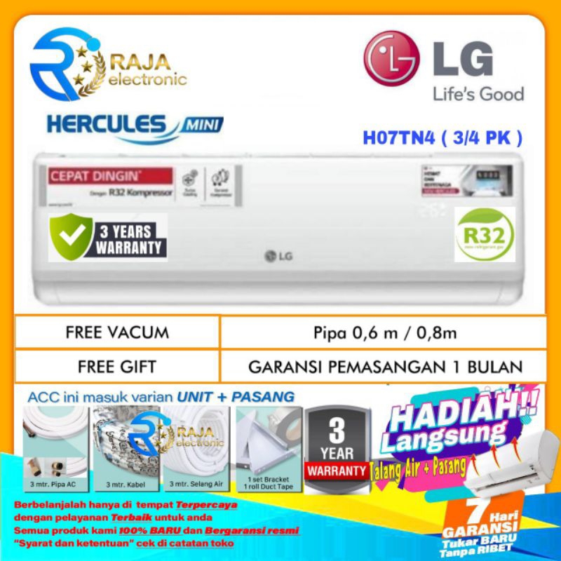 AC LG 3/4 PK H07TN4 HEMAT ENERGI HERCULES MINI + INSTALASI PEMASANGAN