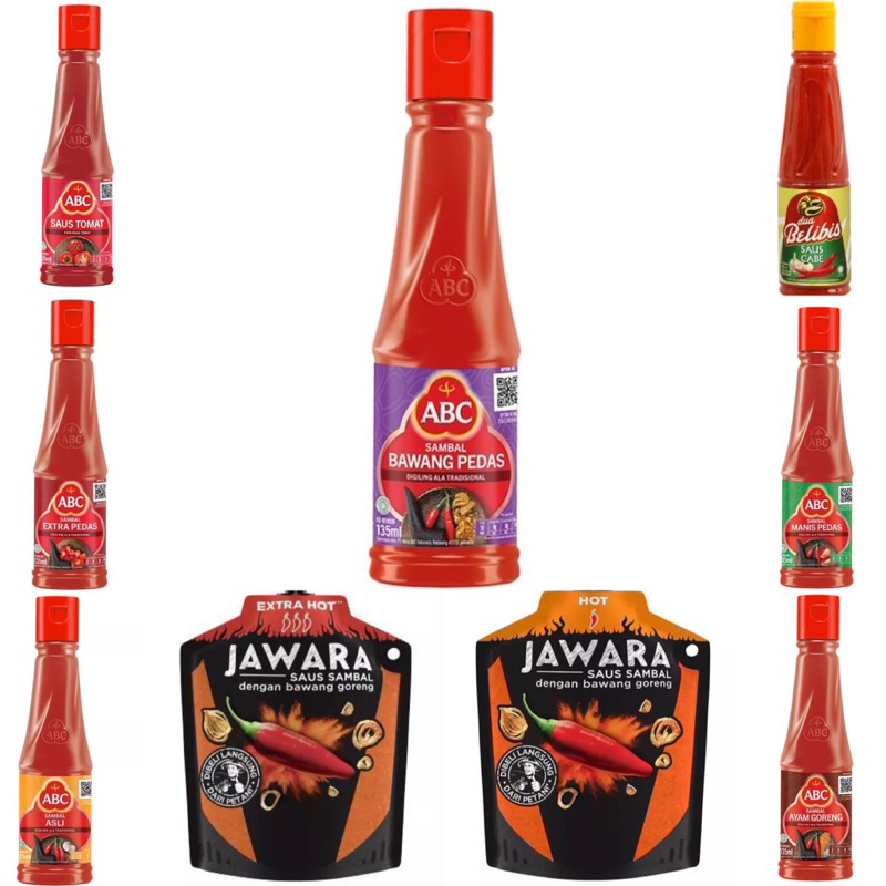 (1 Botol) ABC Heinz Sambal Ayam Goreng, Bawang Pedas, Extra Pedas, Saos Tomat, Manis Pedas, Jawara Saos Sambal Hot, Dua Belibis Saus Cabe 135ml