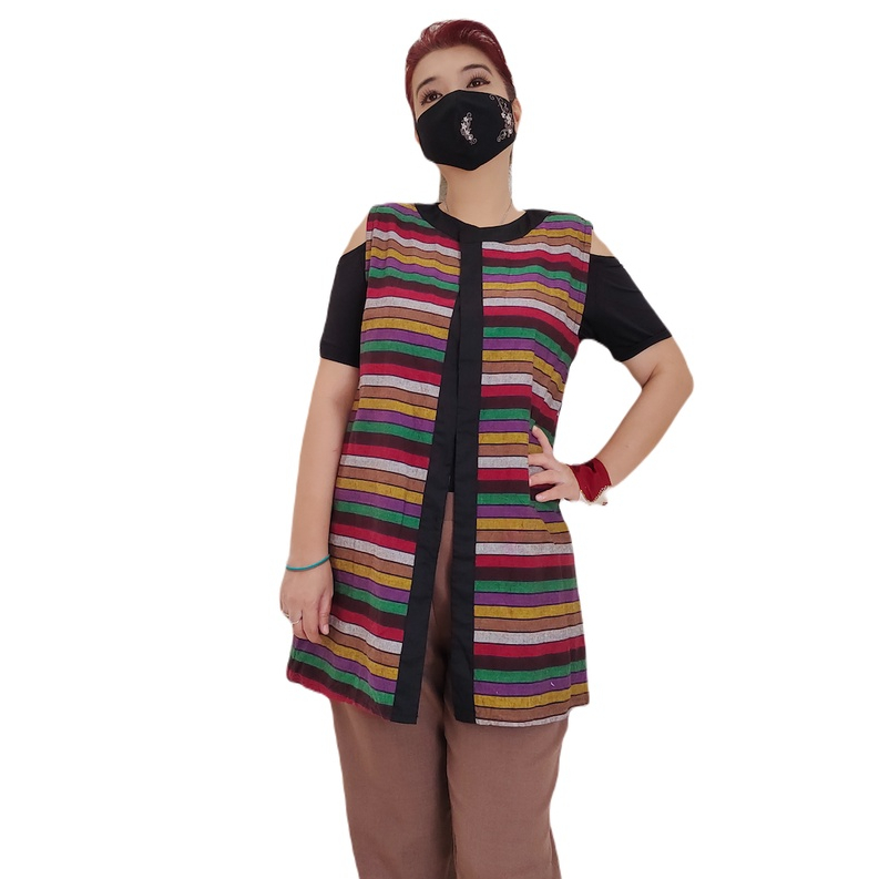 Outer Lurik Tanpa Lengan Wanita GESYAL Hitam Lurik Pelangi Kutung