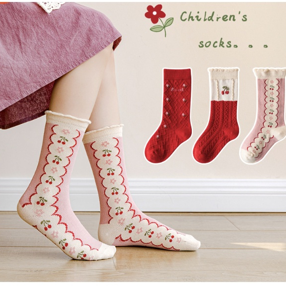 babyfit 3in1 premium knit CHERRY GARDEN kaos kaki anak perempuan long socks import ml-0317