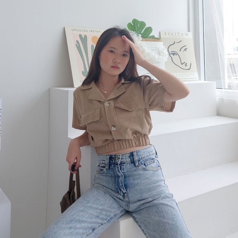 YEJI TOP / BASIC CROP TOP KEMEJA KARET / ATASAN PINGGANG KARET / LINEN TOP / ATASAN PASTEL / KOREAN