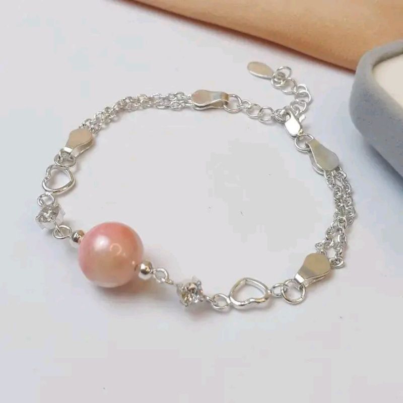 gelang perak mutiara laut Pink | gelang rante perak| mutiara air laut Pink