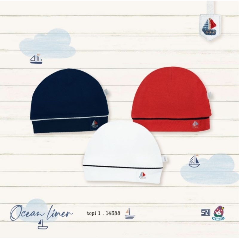 Ichigo Topi Bulat Putih/Warna Ocean Liner (2 Pcs) Topi Bayi NB