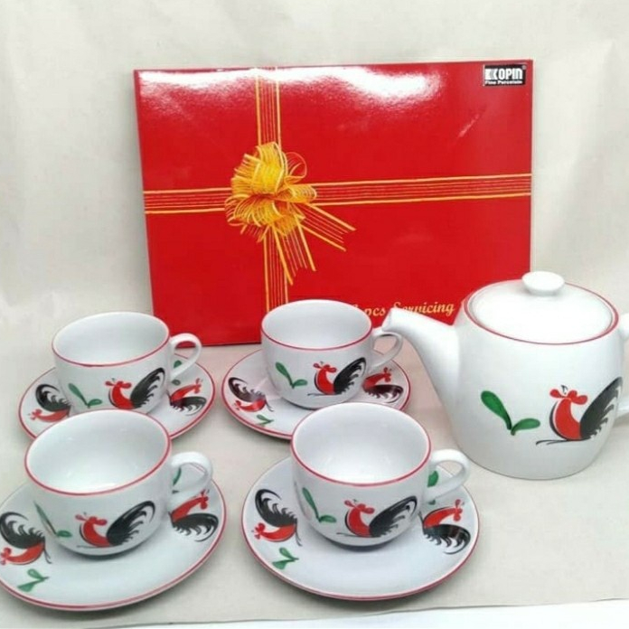 Teko Set + Cangkir Set Keramik (10 Pcs) | Motif Ayam Kukuruyuk | Tea Pot + Coffee Cup | Chinese teh 