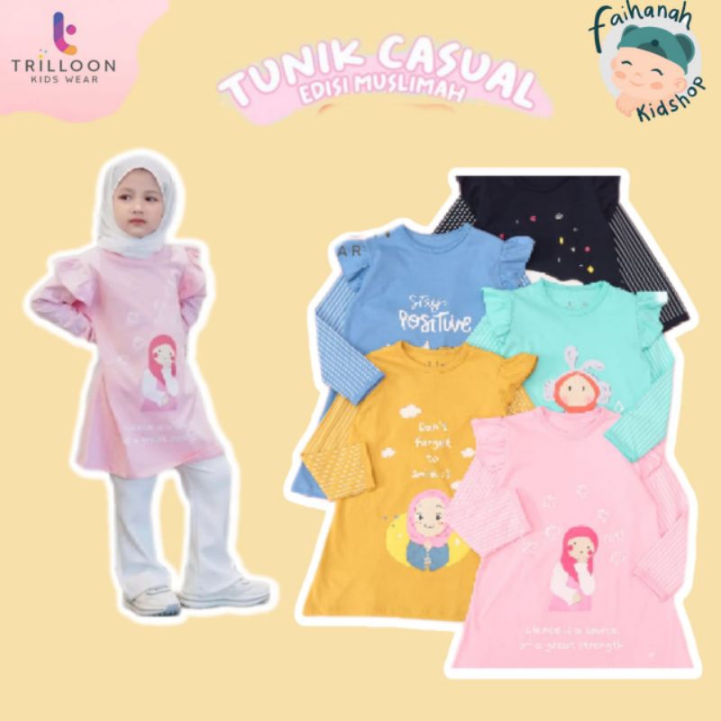 Tunik Casual Muslimah Anak Perempuan Trilloon /Baju Anak Perempuan Lengan Panjang Murah/ Baju Muslim