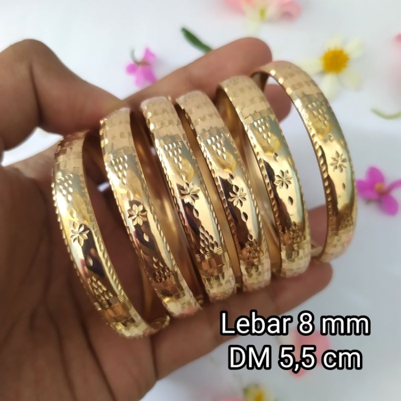 Gelang Swasa Dewasa kuning SELAMANYA,Model Bangkok lengkung lebar 8 mm bukaan samping.