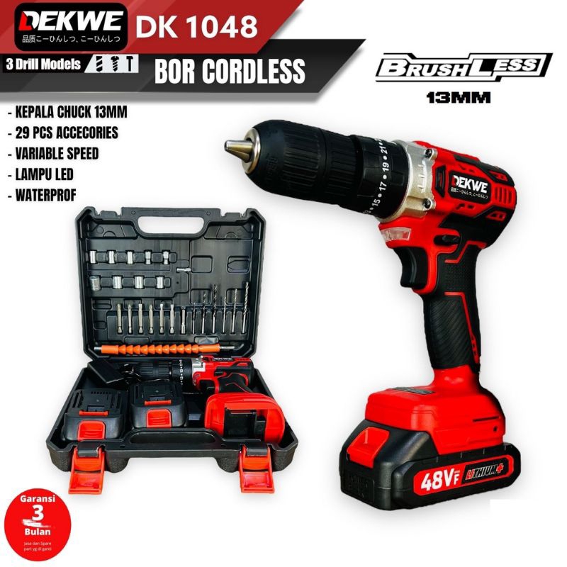 DEKWE DK1048 MESIN BOR BATERAI CORDLESS IMPACT DRILL BRUSHLESS 48V - DELWE DK1048 13MM