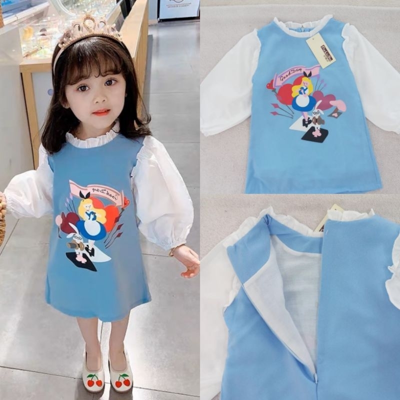 (2-6th) Dress alice in wonderland casual gaun anak putih biru kasual import lengan panjang