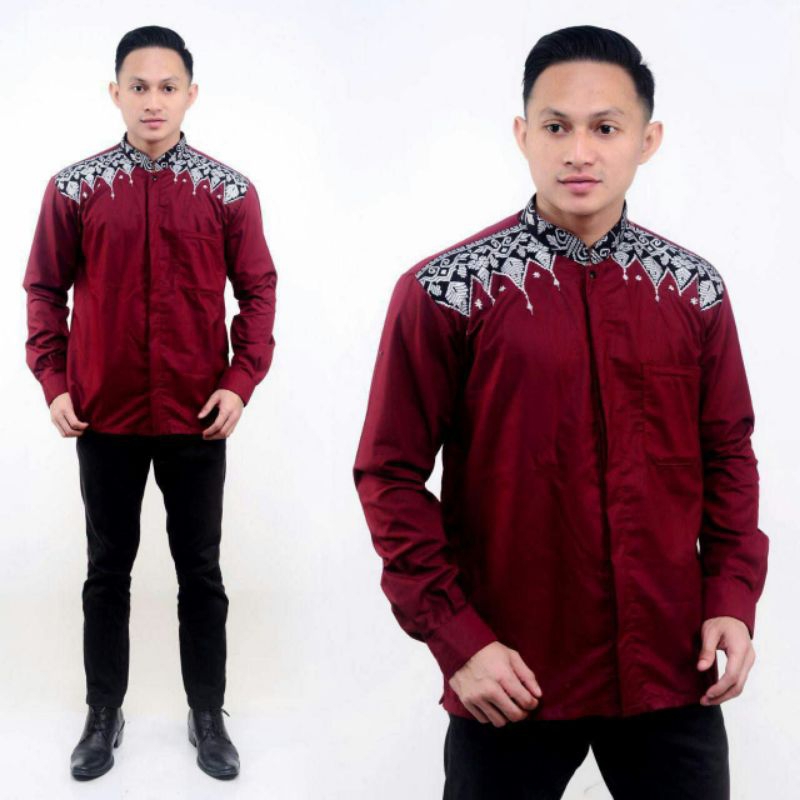 BAJU KOKO PRIA BORDIR KOMBINASI KEMEJA BATIK PRIA POLOS WARNA MERAH MARUN LENGAN PANJANG