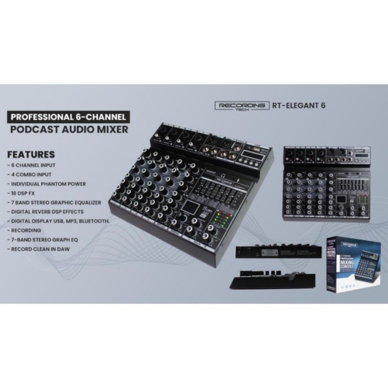 RECORDING TECH RT ELEGANT 6 Mixer Audio USB Podcast Audio Mixer 6 Channel