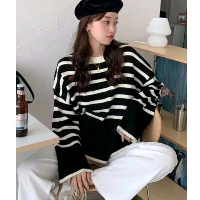 Haruu Knitt Oversize Sweater Wanita Style Korean Oversize Garis Korea Atasan Wanita