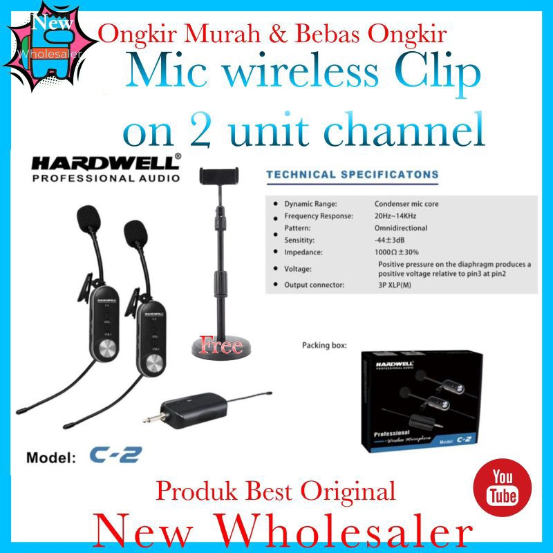 Mic wireless Clip on Hardwell C2 Jepit C 2 channel Original resmi