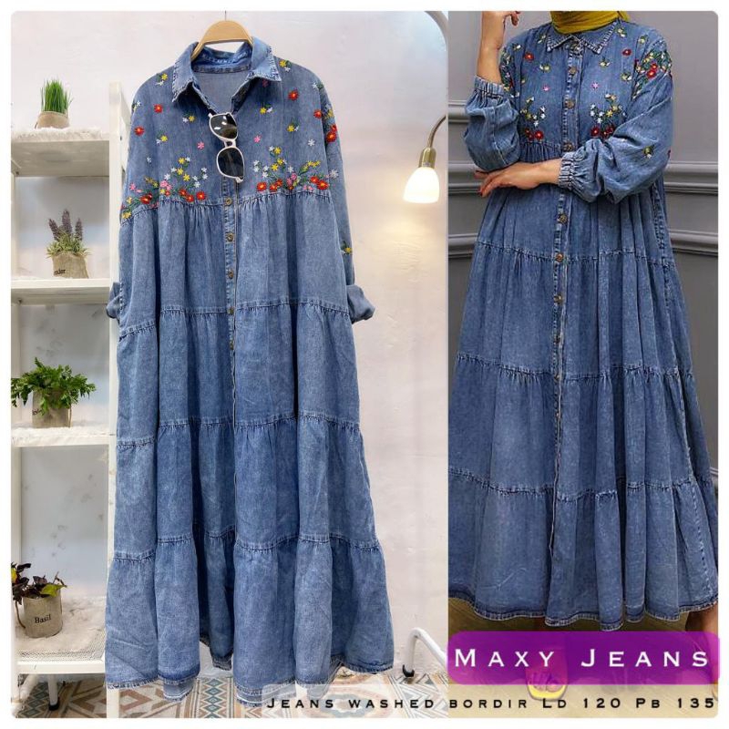 gamis jeans bordir susun fashion wanita modern
