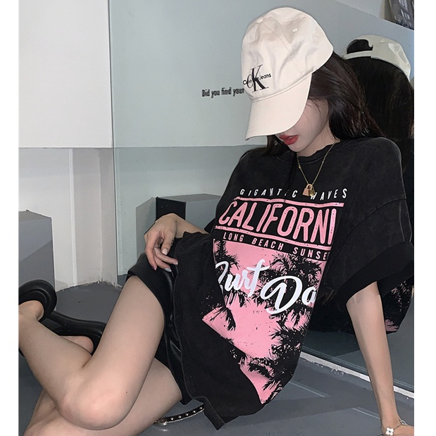 baju atasan wanita/kekinian american retro kemeja hitam wanita lengan pendek rap hiphop motif printed t-shirt import kaos couple ootd