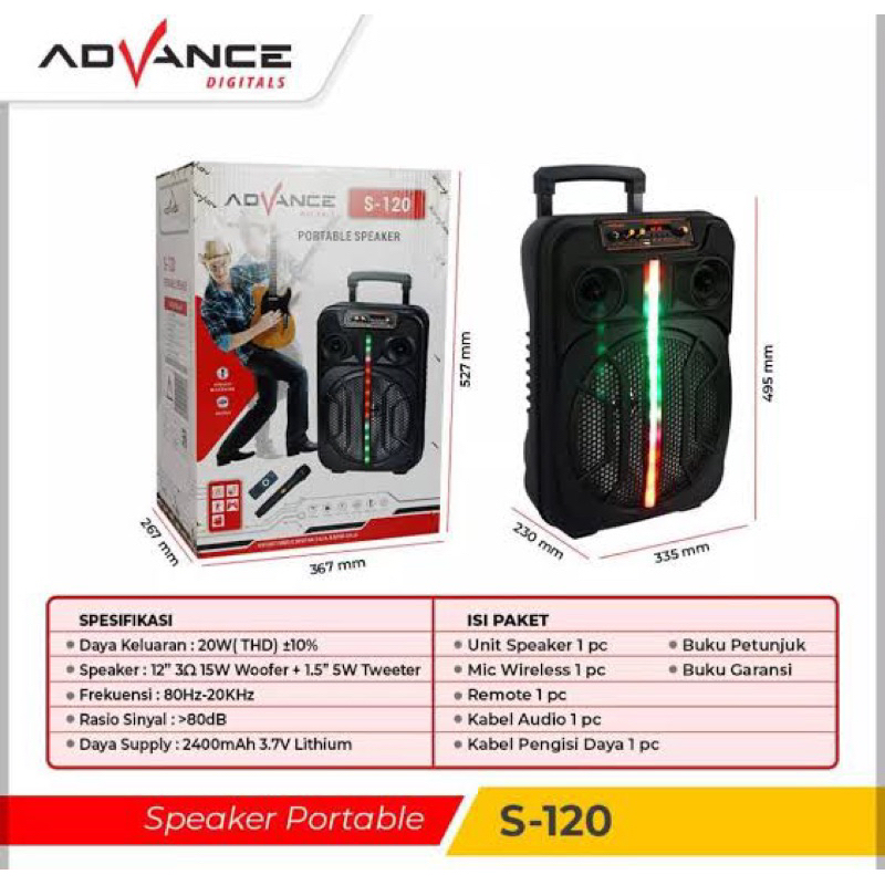 Speaker Advance S 120 Portable Bluetooth Music Karaoke S-120 12inch Free Mic S120 12&quot;