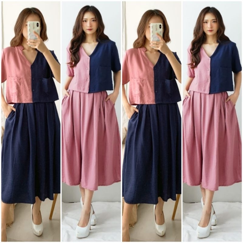 ♡ PREMIUM ♡ REAL PIC ! CLAUDINE TWO TONE 2 IN 1 SET BUTTON BLOUSE WITH MIDI SKIRT / SETELAN ATASAN &amp; ROK SELUTUT
