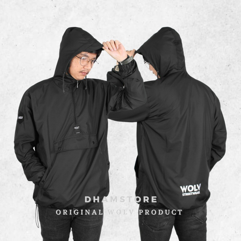 ORIGINAL WOLV Jaket Cougle Jaket Windbreakers Hitam Jaket Saku Tengah