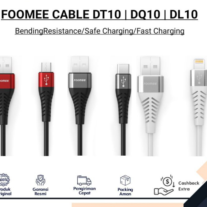 Kabel Charger  Foomee Micro (DT10) Type C (DQ10)  Lightning (DL10) Kabel Fast 2.4A FOOMEE Cable