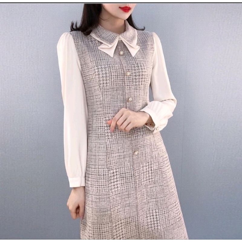dress sifon combi tweed import bangkok