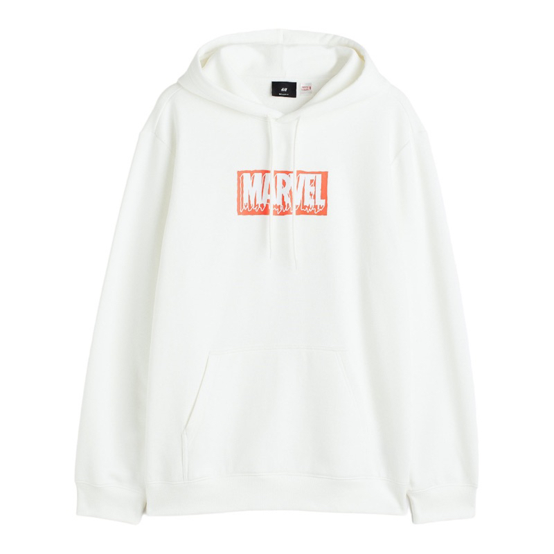 ( 8.8 ) Hoodie H&amp;M Unisex Marvel Sablon White Putih, Flecee Katun Lembut, Free Papperbag