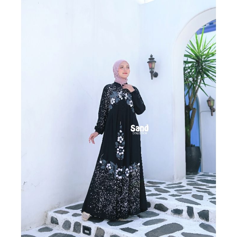 gamis twill candi mekar original terbaru hitam lukisan size S M L XL dan jumbo XXL XXXL