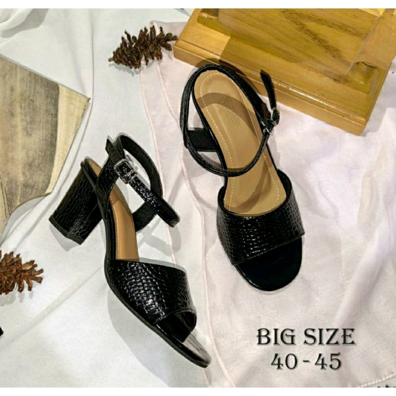 ORIGINAL,Sepatu Sendal Heels Croco Big Size 41-45 Sandal Sepatu Flat Ukuran Besar Euro JUMBO Banget Gemuk Kulit Hitam 44