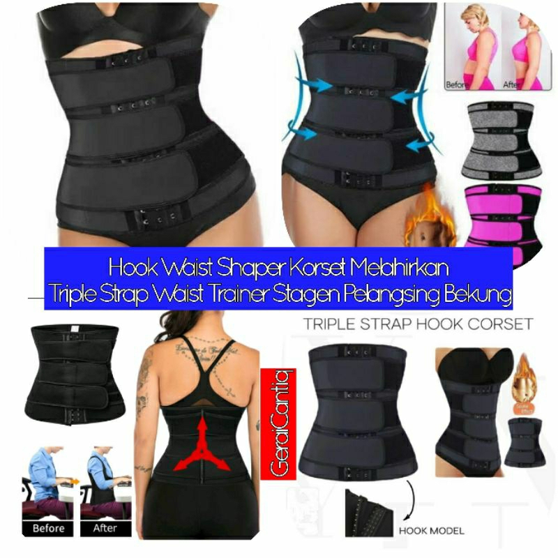 Hook Waist Shaper Korset Melahirkan Triple Strap Waist Trainer Stagen Pelangsing Bekung