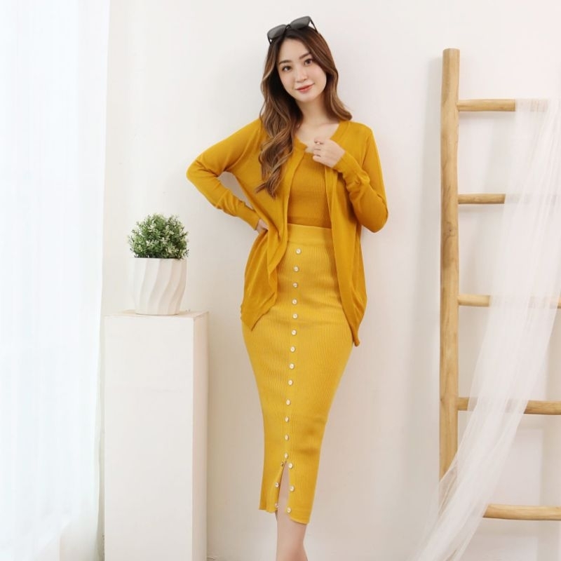 A1890 Set3in1 Setelan Baju tanktop cardigan set rok Midi skirt span rajut knit Korea Korean style wa