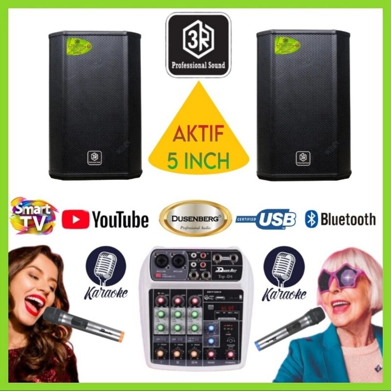 Karaoke Set 3R Aktif 5 Inch,Mixer 4 Chn,2 Mic Wireless Karaoke Youtube