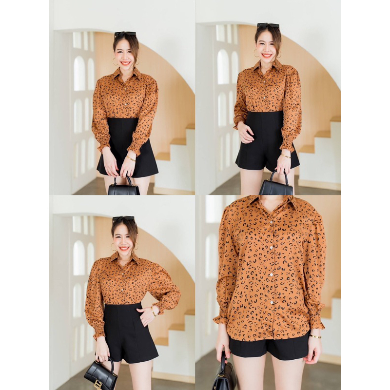 KEMEJA MOTIF CHEETAH FASHION WANITA IMPORT BANGKOK BRAND DUDI