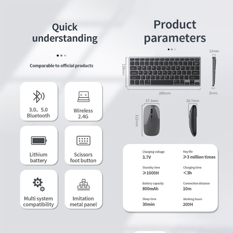 Keyboard + Mouse Set 2.4G+Bluetooth Silent Rechargeable 3 Dievice