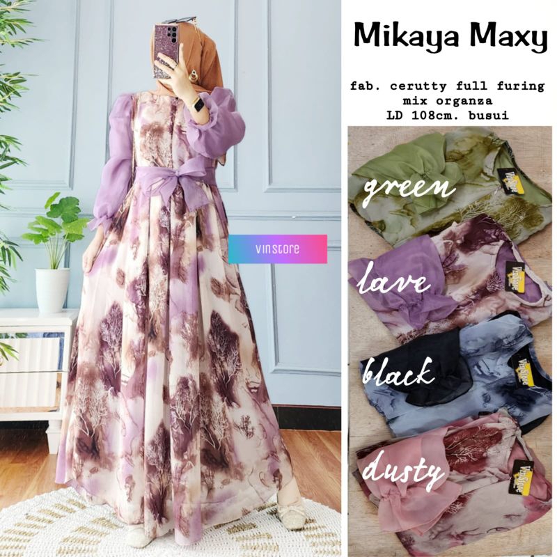 Gamis Terbaru Mikaya Maxy Bahan Ceruty Full Furing Mix Organza Dress Jumbo Motif Bunga Gamis Pesta T
