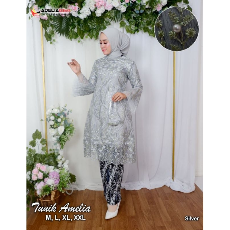 ( COD ) Setelan kebaya tunik amelia twotone - kebaya modern - outfit kekinian - bahan tulle bordir perpaduan dua warna - pakaian pesta keluarga, akad, baju wisuda nikahan, dan kondangan