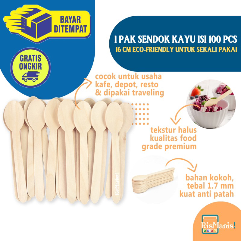 ECO-FRIENDLY WOODEN SPOON - 1 pak isi 100 pcs Sendok Kayu 16 cm Cutlery Portable Bahan Premium Kualitas Food Grade Ramah Lingkungan Tekstur Halus Alat Makan Sekali Pakai Praktis