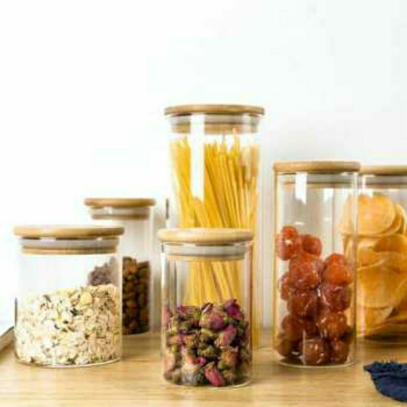 One Two Cups Toples Makanan Ringan Tutup Kayu Toples Bumbu / Snack Jar Kaca Borosilicate Glass Jar Premium