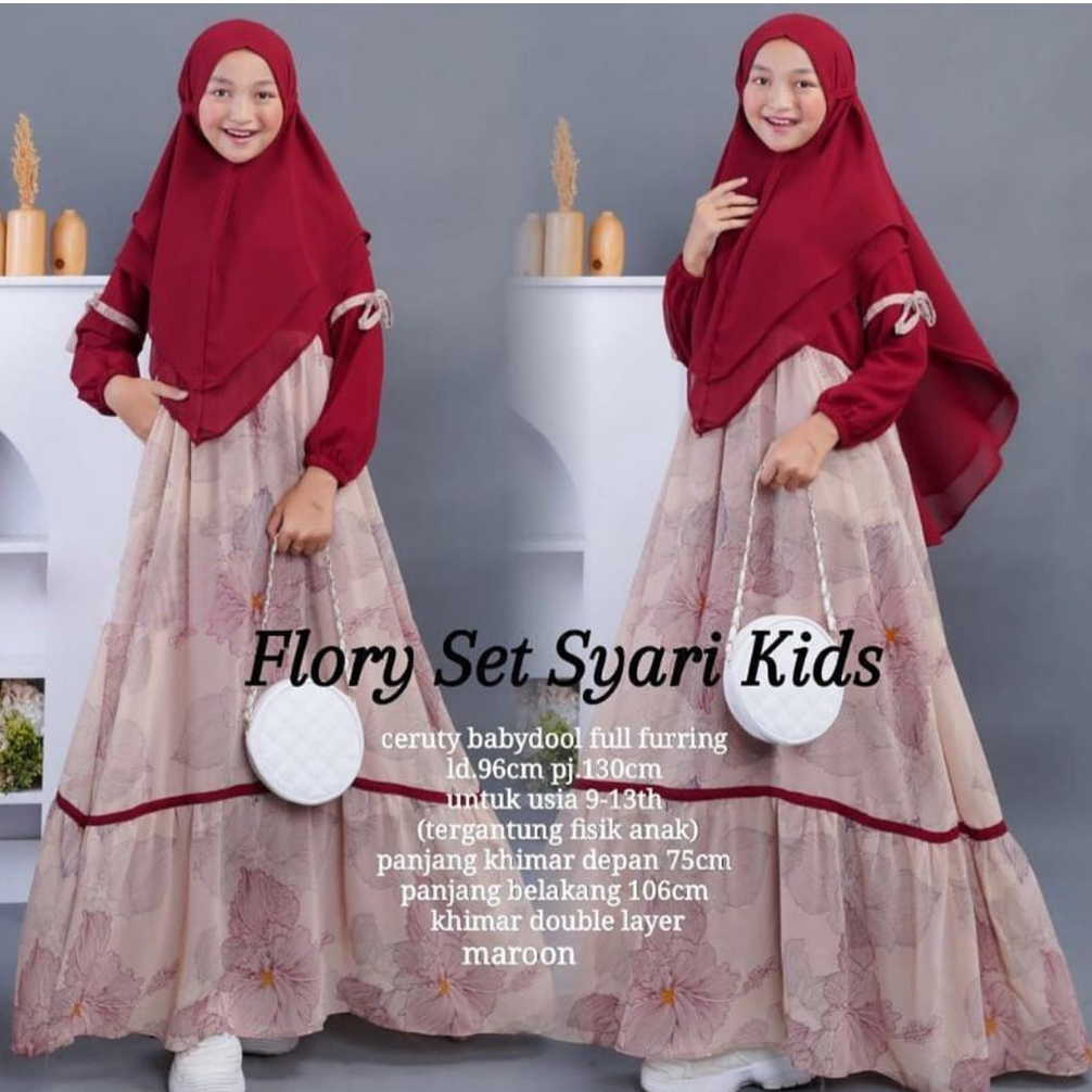 COD Flory Sett Syari Kids + Jilbab Usia 9-13th, Bahan Ceruty Babydoll Full Puring / Dress Anak Terbaru 2023 Gamis Cantik Anak Baju Anak Perempuan Kekinian Gaun Kidss Fashion Lebaran Anak Cewek Oufit Anak Perempuan