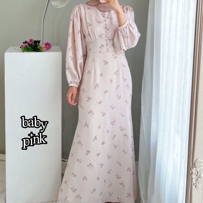 SHAKIRA DRESS | GAMIS MOTIF BUNGA KATUN FLOWER CRINKLE JUBAH ABAYA LEBARAN-baby pink