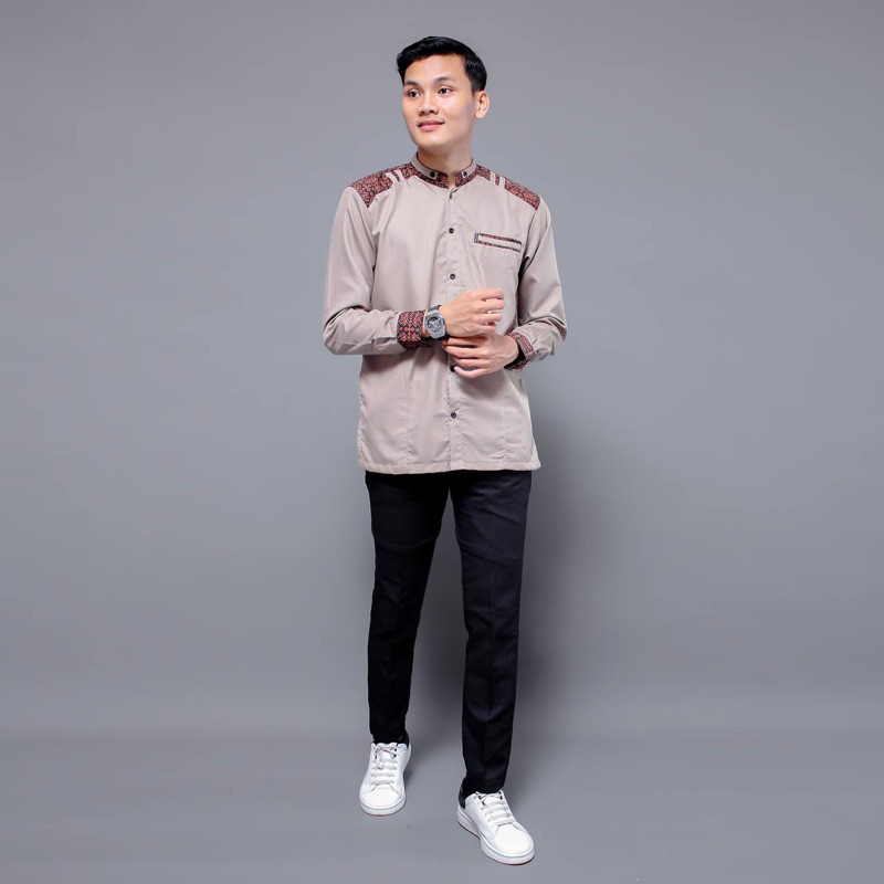 Baju Koko Lengan Panjang Kombinasi Batik Original Elrumi Toyobo Premium Slimfit Casual Warna Maroon