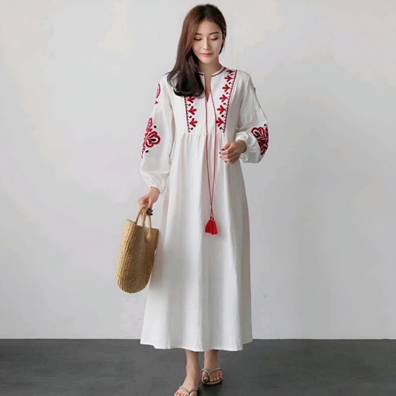 New Arrival AALIYAH Boho Style Maxi Dress Lengan Panjang - Gaun Wanita Bahan Heavy Peach Koshibo Imp