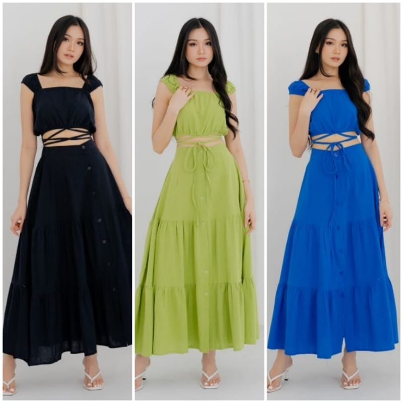 ❣ SPECIAL PRICE ♡ PREMIUM ♡ ORIGINAL ! LALISA VINTAGE 2 IN 1 SET CROP TIED KNOT TANK BLOUSE OUTER WITH LONG LAYER TRAP BUTTON MAXI SKIRT / SETELAN ATASAN &amp; ROK PANJANG SUSUN KANCING