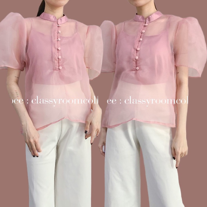 LACEY TOP BAJU ATASAN BLOUSE WANITA BAHAN SATIN ORGANZA SINCIA CNY IMLEK LENGAN PENDEK BALLOON BALON