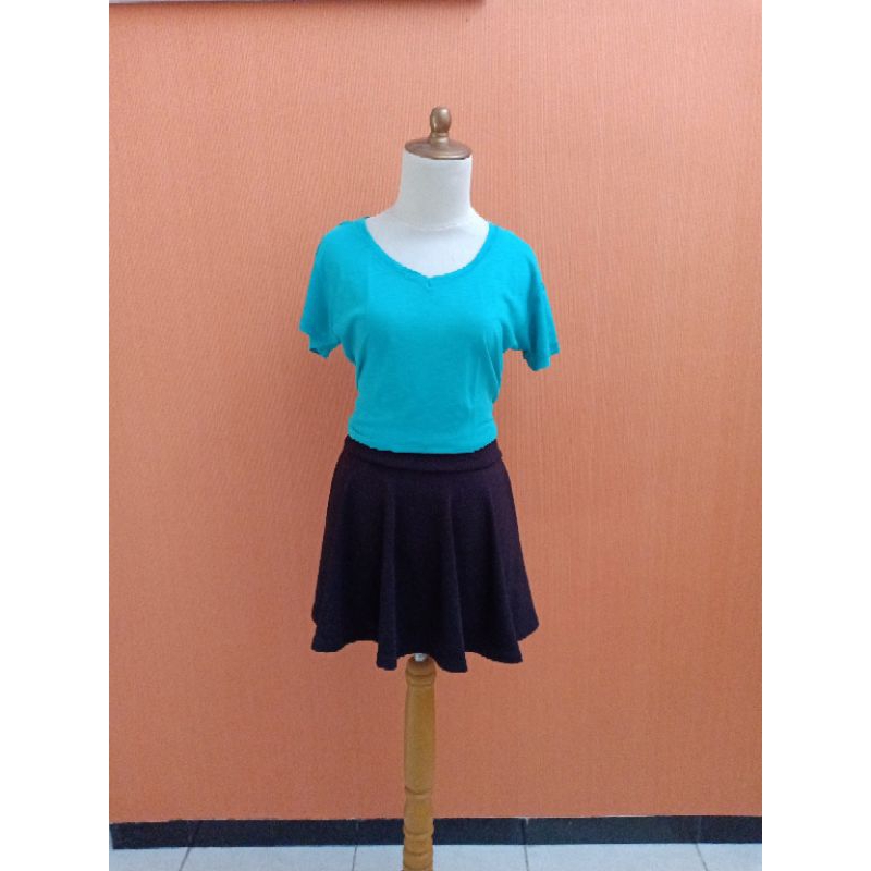 atasan kaos wanita biru tosca I LOVE BASIC cewek L vneck XL blouse santai tshirt